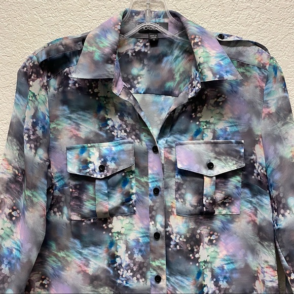 BEBE Colorful Abstract Print Chiffon Button Up Roll Tab Blouse XS - Picture 5 of 7